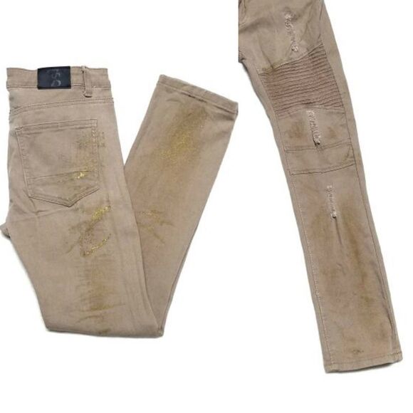 SEVEN Souls Tan Gold Painted Distressed Moto Jeans - Picture 1 of 11